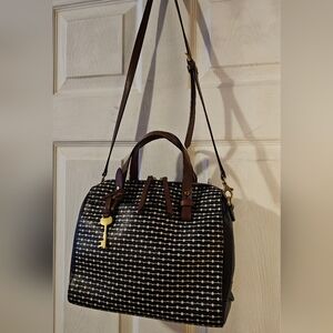 Fossil Black And Cream Key Pattern Satchel Crossbody Key Charm Structured Bag